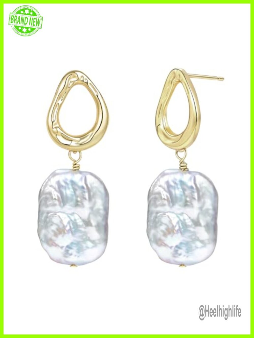 Baroque Pearl Dangle Earrings 925 Sterling Silver Post 14K Gold Plated Heart